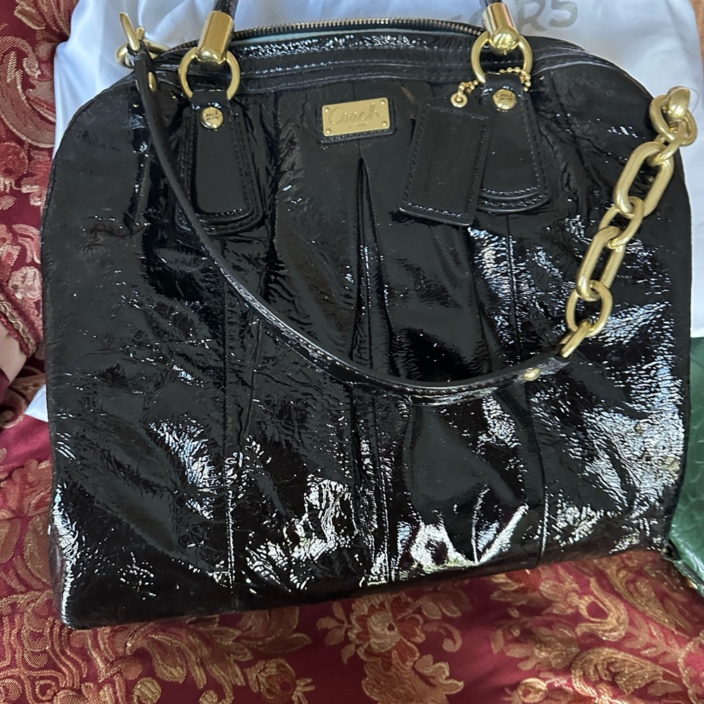 Coach Black Patent Leather Shoulder Bag with Gold-Tone Hardware